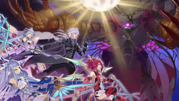 1boy 3girls absurdres armor bare_shoulders black_bra black_gloves black_pants blue_eyes bra breasts coat commission detached_sleeves dress gloves grey_coat grey_eyes grey_hair gun harriet_(pso2) highres holding holding_gun holding_staff holding_sword holding_weapon katana long_sleeves matoi_(pso2) mechanical_wings medium_breasts monster multiple_girls mytea_(soso) open_mouth pants phantasy_star phantasy_star_online_2 pointy_ears short_hair skeb_commission staff sword twintails underwear weapon white_dress white_hair wings yasaka_hitsugi yellow_eyes