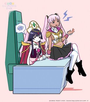 2girls annoyed black_hair blue_eyes breasts catherine_sabathra closed_mouth code_geass code_geass:_dakkan_no_roze dark-skinned_female dark_skin earrings hair_between_eyes hair_ornament haruyanagininomiya_sakura highres jewelry large_breasts long_hair long_sleeves multiple_girls navel official_art open_mouth pink_hair sideboob skirt thighhighs twintails very_long_hair