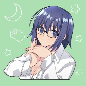1girl blue_eyes blue_hair breasts ciel_(tsukihime) cleavage commentary crescent glasses green_background hirakawa medium_hair sheep shirt simple_background solo star_(symbol) tsukihime tsukihime_(remake) white_shirt
