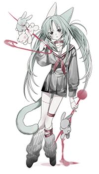 1girl animal_ears black_eyes cat_ears cat_girl cat_tail dmdrk_(ha_ha) full_body grey_hair grey_serafuku grey_skirt highres leg_warmers long_hair looking_at_viewer original paperclip school_uniform serafuku sewing_pin simple_background skirt solo standing stitches tail two_side_up white_background