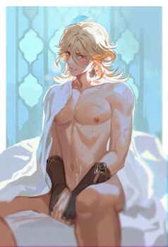 1boy bed_sheet blonde_hair blush collarbone commentary cum earrings elbow_gloves feather_hair_ornament feathers genshin_impact gloves hair_ornament highres implied_after_sex jewelry kaveh_(genshin_impact) male_focus mouth_hold navel nipples nude on_bed parted_lips partially_fingerless_gloves pectorals red_eyes scar scar_on_arm scar_on_chest short_hair sitting solo sweat teeth_hold yoma_0_0