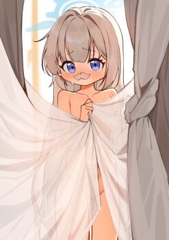 1girl blue_archive blue_eyes blue_halo blush cherino_(blue_archive) curtain_grab curtains embarrassed facial_hair fake_facial_hair fake_mustache halo highres led_winter loli long_hair looking_at_viewer mustache nude see-through_curtains standing sweat white_hair white_mustache