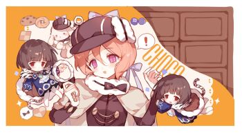 2girls black_bow black_bowtie black_hair bow bowtie capelet coat commentary detec_bell detective fur_coat hat highres hime_cut holding holding_magnifying_glass lapis_lazuline magical_girl magnifying_glass mahou_shoujo_ikusei_keikaku mahou_shoujo_ikusei_keikaku_restart multiple_girls pink_eyes pink_hair red_eyes short_hair smile symbol-only_commentary thighhighs wei_er_chenxing white_thighhighs