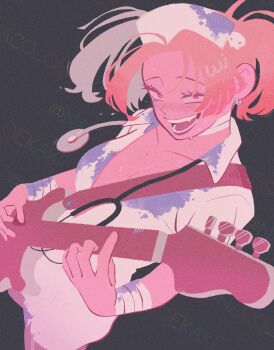 1girl bandaged_arm bandaged_neck bandages bass_guitar black_background blonde_hair blood blood_on_clothes blood_on_face blue_blood body_freckles chest_freckles collarbone collared_dress commentary_request dress dutch_angle fake_blood freckles fretless_bass_guitar fretless_instrument futsuu_no_keion-bu garter_straps guitar_strap hair_ornament halloween_costume hat highres instrument music naco_oekaki no_bra no_strings nurse nurse_cap official_alternate_costume official_alternate_hairstyle open_clothes open_dress open_mouth parted_bangs playing_bass_guitar playing_instrument red_eyes short_dress short_sleeves skull_hair_ornament solo stethoscope stethoscope_around_neck teeth tsuru_asaka twintails