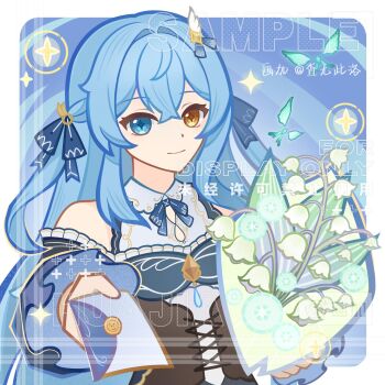 1girl blue_bow blue_eyes blue_hair bouquet bow chawuciluo chinese_commentary chinese_text commentary_request detached_sleeves diamond-shaped_pupils diamond_(shape) dress english_text envelope flower genius_invokation_tcg_(style) hair_ornament heterochromia highres holding holding_bouquet long_hair looking_at_viewer mixed-language_text original ribbon smile solo symbol-shaped_pupils two_side_up virtual_youtuber watermark white_flower yellow_eyes