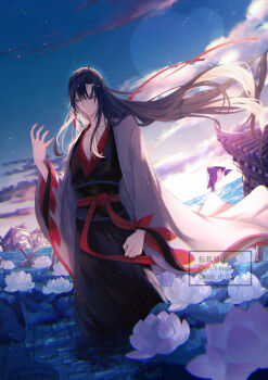 1boy ahoge an_d_01 architecture bishounen black_hair black_hanfu blue_sky blurry bokeh building chinese_clothes closed_mouth cloud cloudy_sky coat collarbone day depth_of_field dutch_angle east_asian_architecture floating_hair flower grey_coat grey_eyes hair_down hair_ribbon half_updo hand_up hanfu lens_flare light_particles long_hair long_sleeves looking_at_viewer looking_down lotus lotus_leaf male_focus modao_zushi official_alternate_costume official_alternate_hairstyle open_clothes open_coat outdoors parted_bangs red_ribbon red_sash ribbon robe sash sidelocks sky smile solo standing twitter_username very_long_hair wading water watermark wei_wuxian wei_wuxian_(yiling_laozu) white_flower wide_sleeves wind