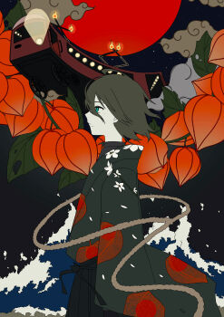 1boy absurdres awoito_(tsurubami_jiguro) black_hair black_hakama chinese_lantern_(plant) cloud commentary_request faux_retro_artstyle fire flat_color flower from_side hakama highres japanese_clothes kimono leaf long_sleeves male_focus mole mole_under_mouth moon night original profile retro_artstyle rope short_hair sky solo taishou train watercraft waves
