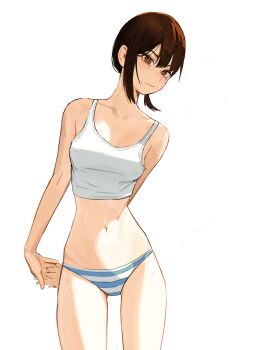 Rule 34 | 1girl, absurdres, arms behind back, bare shoulders, blue panties, breasts, bright pupils, brown eyes, brown hair, chainsaw man, closed mouth, collarbone, commentary, cowboy shot, crop top, english commentary, gluteal fold, hair between eyes, hair up, higashiyama kobeni, highres, interlocked fingers, leaning to the side, light blush, looking at viewer, medium breasts, midriff, mole, mole under eye, navel, own hands together, panties, sidelocks, small horns, solo, standing, stretching, striped clothes, striped panties, tank top, tefi blum, thigh gap, two-tone panties, underwear, underwear only, white background, white panties, white pupils, white tank top