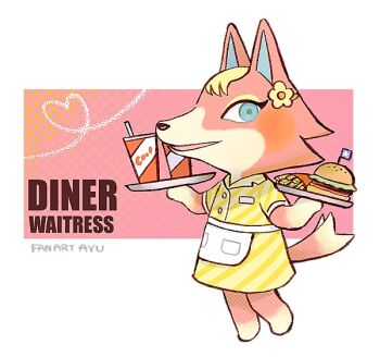 1girl animal_crossing animal_ears apron artist_name audie_(animal_crossing) ayu_(mog) blue_eyes burger commentary commentary_request cup diagonal-striped_dress disposable_cup dress drinking_straw english_commentary food fox_ears fox_girl fox_tail french_fries full_body furry furry_female holding holding_tray looking_at_viewer mixed-language_commentary nintendo open_mouth romaji_commentary short_sleeves solo standing tail tray waist_apron waitress white_apron yellow_dress