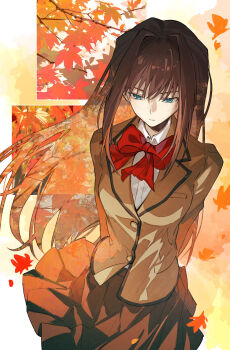1girl absurdres aozaki_aoko aqua_eyes arms_behind_back autumn autumn_leaves bow bowtie brown_hair brown_jacket brown_skirt chinese_commentary closed_mouth collared_shirt commentary_request cowboy_shot double_exposure expressionless falling_leaves hair_intakes highres jacket kotatsu_kaya lapels leaf long_hair looking_down mahou_tsukai_no_yoru maple_leaf private_misaki_high_school_uniform red_bow red_bowtie school_uniform shirt skirt solo very_long_hair white_shirt