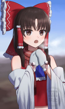 1girl absurdres ascot beckody blue_ascot blue_sky bow breath brown_eyes brown_hair commentary_request day detached_sleeves frilled_bow frilled_hair_tubes frills grey_mittens hair_bow hair_tubes hakurei_reimu highres long_hair mittens open_mouth plaid_clothes plaid_scarf red_bow red_scarf scarf sky solo touhou watermark winter_clothes
