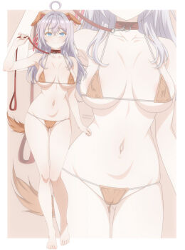 1girl absurdres ahoge alisa_mikhailovna_kujou alternate_costume animal_ears audirenze bikini blue_eyes breasts brown_bikini cameltoe covered_erect_nipples crossed_bangs dog_ears fake_animal_ears gluteal_fold grey_hair hair_between_eyes hair_ribbon highres holding holding_leash large_breasts leash long_hair looking_at_viewer navel paid_reward_available red_ribbon ribbon smile stomach string_bikini swimsuit tokidoki_bosotto_roshia-go_de_dereru_tonari_no_alya-san zoom_layer
