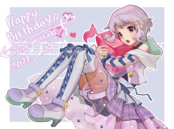 1girl boots border character_name commentary_request dated hair_ornament happy_birthday heart heart_hair_ornament hood hood_down hug idolmaster idolmaster_million_live! idolmaster_million_live!_theater_days makabe_mizuki mine101 open_mouth pleated_skirt purple_hair short_hair shorts skirt solo thigh_boots thighhighs white_border yellow_eyes