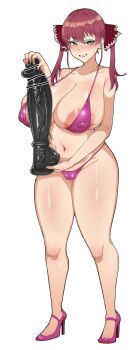 1girl absurdres alternate_breast_size_(larger) aqua_lips areola_slip armpit_crease bar_censor bikini blush breasts brown_eyes cameltoe censored collarbone covered_erect_nipples dildo eyelashes eyeshadow full_body hair_between_eyes hair_ribbon heterochromia high_heels highres holding hololive houshou_marine huge_breasts huge_dildo large_areolae legs looking_at_viewer makeup micro_bikini navel outline paid_reward_available parted_lips puffy_nipples purple_shoes red_hair ribbon sex_toy shoes simple_background solo stiletto_heels stomach swimsuit thick_thighs thighs toe_cleavage twintails valen_(valentineart) virtual_youtuber white_outline yellow_eyes