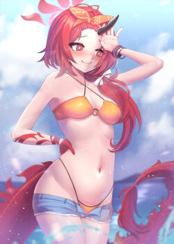 1girl bangle beach bikini bikini_bottom_under_shorts bikini_under_clothes black_horns blue_archive blush bracelet breasts commentary denim denim_shorts dragon_girl dragon_horn dragon_tail hairband halo highres horns jewelry kazukoto long_hair navel o-ring o-ring_bikini ocean official_alternate_costume open_clothes open_shorts orange_hairband plait red_eyes red_hair red_halo red_tail renge_(blue_archive) renge_(swimsuit)_(blue_archive) shorts single_horn smile solo swimsuit tail yellow_bikini