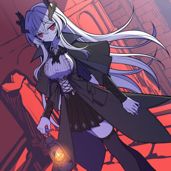 1girl absurdres belt black_coat black_horns black_skirt black_thighhighs blue_gemstone breasts brown_belt center_frills chunzhenzhiren_innocent closed_mouth coat collared_coat commentary_request commission criss-cross_strings dungeon dutch_angle frills gem hair_between_eyes hair_intakes highres holding holding_lamp horns long_hair looking_at_viewer medium_breasts oil_lamp original pleated_skirt red_background red_eyes shirt sidelocks skirt slit_pupils solo standing thighhighs thighs vambraces very_long_hair white_hair white_shirt