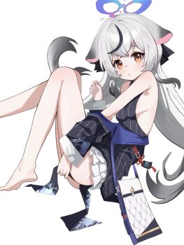 Rule 34 | 1girl, :t, absurdres, animal ears, bare legs, bare shoulders, barefoot, black dress, black hair, blue archive, blue halo, blush, breasts, brown eyes, china dress, chinese clothes, closed mouth, covering crotch, covering privates, crossed bangs, dress, floating hair, foot out of frame, grey hair, hair between eyes, halo, hand up, highres, jacket, jacket partially removed, knees together feet apart, kokona (blue archive), long hair, long sleeves, looking at viewer, multicolored hair, open clothes, open jacket, pelvic curtain, pout, sideboob, sidelocks, simple background, sitting, sleeveless, sleeveless dress, small breasts, soles, solo, striped clothes, striped dress, striped jacket, thighs, tiger ears, tiger girl, two-tone hair, vertical-striped clothes, vertical-striped dress, vertical-striped jacket, very long hair, white background, wide sleeves, xiaoxiaoyifan