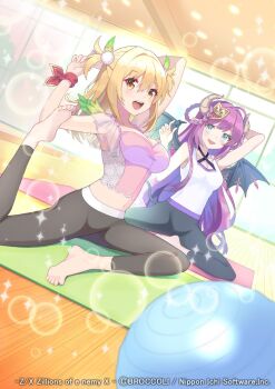 2girls ahoge ball black_pants black_wings blonde_hair blue_eyes botamochi_(exwelder) braid braided_hair_rings breasts brown_horns cana_(z/x) cleavage copyright_notice demon_tail demon_wings exercise_ball exercising feathered_wings green_wings hair_ornament hair_rings highres horns indoors long_hair midriff mini_wings multiple_girls navel official_art open_mouth pants pink_shirt pom_pom_(clothes) pom_pom_hair_ornament purple_hair shirt sparkle sportswear tail tank_top two_side_up ugly_(z/x) white_tank_top window wings yellow_eyes yoga_pants z/x