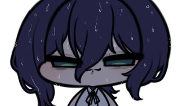 1girl bags_under_eyes black_ribbon blue_hair chainsaw_man chibi chibi_only closed_mouth green_eyes hair_between_eyes neck_ribbon otu_(o2h2_oh4) reze_(chainsaw_man) ribbon shirt simple_background sleeveless sleeveless_shirt solo wet wet_hair white_background white_shirt