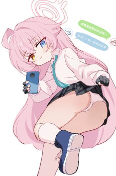 1girl :3 absurdres ahoge ass black_gloves black_skirt blue_archive blue_eyes blue_necktie blue_shoes cellphone chinese_text closed_mouth clothes_lift collared_shirt doodle_sensei_(blue_archive) dot_nose feet_up fingerless_gloves from_behind gloves hair_between_eyes halo heterochromia highres holding holding_cellphone holding_phone hoshino_(blue_archive) huge_ahoge lifting_own_clothes loli long_hair long_sleeves meng_yin necktie panties phone pink_hair pink_halo plaid_clothes selfie sensei_(blue_archive) shirt shoes simple_background skirt skirt_lift socks solo standing standing_on_one_leg sweatdrop thighs translation_request underwear very_long_hair white_background white_panties white_shirt white_socks yellow_eyes