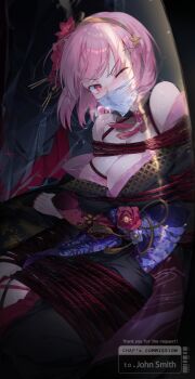 1girl absurdres bare_shoulders bdsm blush bondage bound bound_ankles bound_arms bound_legs breasts chap_sal_! cleavage commission covered_mouth detached_collar floral_print flower gagged hair_flower hair_ornament highres hololive hololive_english japanese_clothes kidnapped kimono large_breasts looking_at_viewer medium_hair mori_calliope mori_calliope_(new_year) off_shoulder one_eye_closed pink_hair red_eyes restrained rope virtual_youtuber