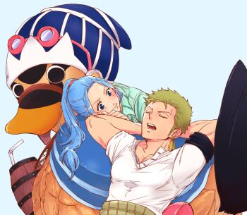 Rule 34 | 1boy, 1girl, arms behind head, bird, blue background, blue hair, blush, chabo (niwatori bosori), closed eyes, commentary request, drinking straw, duck, earrings, goggles, goggles on headwear, green hair, hat, jewelry, karoo (one piece), looking at another, nefertari vivi, one piece, ponytail, roronoa zoro, short hair, sidelocks, simple background, sleeping, smile