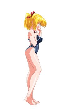 1girl anime_coloring barefoot blonde_hair blue_eyes blue_one-piece_swimsuit breasts choker collarbone from_side full_body game_asset hair_ribbon highres katase_miki large_breasts large_variant_set mahotama maki_daikichi official_art one-piece_swimsuit profile ribbon school_swimsuit simple_background solo standing swimsuit tachi-e tears third-party_source transparent_background tsurime twintails variant_set visual_novel_cg wiping_tears