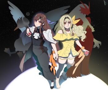 2girls blaziken blonde_hair brown_hair dark_background gen_3_pokemon gen_5_pokemon highres holding holding_hands holding_poke_ball implied_yuri long_hair multiple_girls nintendo parody pleated_skirt poke_ball pokemon purple_eyes red_eyes ribbon saijo_claudine semi_butai shoujo_kageki_revue_starlight skirt sky spotlight star_(sky) starry_sky starry_sky_background swanna tendo_maya wrist_ribbon yuri