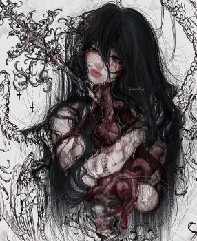 1girl black-framed_eyewear black_hair blood blood_on_face body_horror chain commentary crying crying_with_eyes_open english_commentary exposed_gusset guro hair_between_eyes half-closed_eyes hand_on_own_shoulder hand_up head_tilt heart_(organ) highres impaled intestines liver long_hair organs original sacrilaig skinned tears upper_body very_long_hair