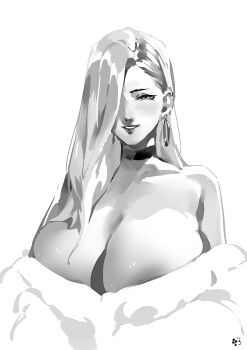 1girl artist_logo bare_shoulders breasts choker cleavage club3 commentary earrings fate/grand_order fate_(series) greyscale hair_behind_ear hair_over_one_eye highres hoop_earrings jacket jewelry large_breasts logo long_hair looking_at_viewer monochrome mrs._snake_(fate) off_shoulder smile solo symbol-only_commentary white_background white_jacket