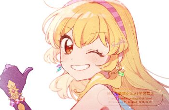 Rule 34 | 1girl, aikatsu!, aikatsu! (series), blonde hair, commentary request, earrings, gloves, grin, hairband, hoshimiya ichigo, jewelry, kaji sayaka (chouchou387), long hair, looking at viewer, one eye closed, pink hairband, purple gloves, red eyes, simple background, smile, solo, sparkle, thumbs up, upper body, white background