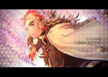 1boy belt black_jacket blonde_hair blurry blurry_background blurry_foreground cape closed_mouth colored_tips dated demon_slayer_uniform depth_of_field floating_hair flower forked_eyebrows from_side happy_birthday hashimoto_(yanagi-momo) jacket japanese_clothes kimetsu_no_yaiba letterboxed light_smile long_hair long_sleeves looking_at_viewer male_focus multicolored_eyes multicolored_hair purple_flower red_eyes red_hair rengoku_kyoujurou smile solo streaked_hair thick_eyebrows twitter_username two-tone_hair upper_body white_belt white_cape wisteria yellow_eyes