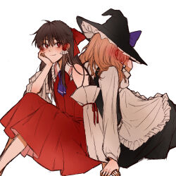 Rule 34 | 2girls, apron, ascot, blonde hair, blush, bow, brown hair, closed mouth, commentary, detached sleeves, frilled hair tubes, frills, hair bow, hair tubes, hakurei reimu, hand on own cheek, hand on own face, hat, hat bow, hitte5416, holding hands, kirisame marisa, long hair, long sleeves, looking at viewer, multiple girls, purple ascot, purple bow, red bow, red eyes, red skirt, sitting, skirt, skirt set, smile, touhou, waist apron, witch hat, yuri