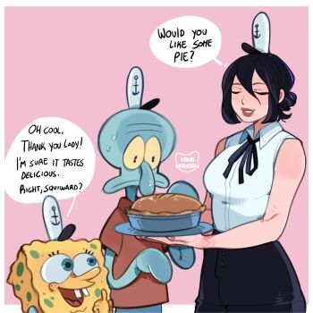 1girl 2boys anchor_print bare_arms bare_shoulders black_hair black_ribbon border breasts brown_shirt buck_teeth chainsaw_man closed_eyes commentary english_commentary explosive food grin hair_between_eyes hat highres holding holding_plate kamii_momoru medium_breasts multiple_boys neck_ribbon outside_border pie pink_background plate reze_(chainsaw_man) ribbon shirt short_hair simple_background sleeveless sleeveless_shirt smile speech_bubble spongebob_squarepants spongebob_squarepants_(series) squidward_tentacles sweat teeth upper_body white_border white_shirt