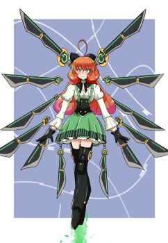 1girl absurdres ahoge android bakuma black_corset black_gloves corset floating floating_object floating_sword floating_weapon frilled_skirt frills full_body gloves green_eyes highres long_hair looking_at_viewer mechanical_legs penny_polendina puffy_sleeves red_hair robot_girl rwby shirt skirt solo suspenders sword weapon white_shirt