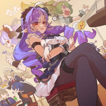 +++ 1boy 5girls @_@ absurdres adapted_costume afterimage ahoge alexandrina_sebastiane arms_under_breasts belle_(zenless_zone_zero) black_dress black_pantyhose blue_hair blue_jacket bow bowtie breasts center_frills chair closed_mouth commentary_request corin_wickes crossed_arms crossed_bangs crossed_legs dress drill_hair drill_sidelocks drink drinking_straw ellen_joe frilled_wrist_cuffs frills green_hair grey_hair hair_intakes hair_ornament hairband heart heart-shaped_eyes highres indoors jacket letter_hair_ornament long_hair maid maid_headdress medium_breasts motion_lines multiple_girls no_eyes on_chair open_mouth pantyhose parted_lips plate pointy_ears purple_bow purple_bowtie purple_eyes purple_hair purple_hairband red_eyes short_hair sideboob sidelocks sitting smile squeans squiggle table thick_thighs thighs tian_luo_bo tongue twintails vivian_banshee wise_(zenless_zone_zero) wrist_cuffs zenless_zone_zero