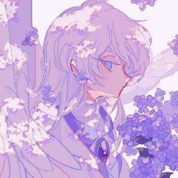 1boy cardcaptor_sakura closed_mouth collared_shirt flower flower_request from_side gem hair_behind_ear hashtag-only_commentary looking_to_the_side male_focus profile purple_eyes purple_flower reed shirt sideways_glance solo upper_body white_hair white_shirt white_wings wings yue_(cardcaptor_sakura)