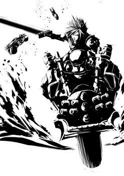 1boy battle black_gloves blade43883059 braid buster_sword closed_mouth cloud_strife commentary_request fighting_stance final_fantasy final_fantasy_vii furrowed_brow gloves greyscale high_contrast highres holding holding_sword holding_weapon male_focus monochrome motor_vehicle motorcycle on_motorcycle short_hair single_braid sleeveless sleeveless_turtleneck solo sword turtleneck weapon