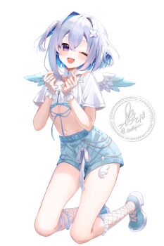 1girl ;d amane_kanata beads blue_bra blue_eyes blue_ribbon blue_shoes blue_shorts blue_wings blush bra colored_inner_hair commentary_request crop_top cupid_(amane_kanata) denim denim_shorts dot_nose fishnet_socks fishnets full_body gradient_wings hair_ornament hands_up highres hololive kneeling looking_at_viewer mini_wings multicolored_hair multicolored_wings navel official_alternate_costume one_eye_closed one_side_up open_mouth ribbon shirt shoes short_hair short_shorts shorts simple_background smallpine_7 smile socks solo stomach underwear virtual_youtuber white_background white_hair white_shirt white_wings wings x_hair_ornament