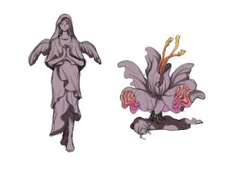 1girl closed_eyes collarbone commentary concept_art dress flower highres hood long_dress lying medium_hair monster monster_girl on_ground on_stomach original petrification plant_girl praying uns_(sdsxsoverlord) wings