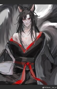 1boy ahoge animal_ears bare_pectorals bare_shoulders bishounen black_hair black_hanfu chinese_clothes closed_mouth coat collarbone fox_boy fox_ears fox_tail grey_coat hair_down half_updo hanfu highres kemonomimi_mode kitsune kyuubi letterboxed long_hair looking_at_viewer male_focus modao_zushi multiple_tails off_shoulder official_alternate_costume official_alternate_hairstyle ojisan_rbt open_clothes open_coat parted_bangs pectorals red_eyes red_sash robe sash sidelocks single_bare_shoulder sitting solo tail watermark wei_wuxian wei_wuxian_(yiling_laozu) weibo_watermark
