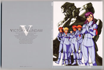 1990s_(style) 6+girls absurdres artist_collaboration blonde_hair box_art bush connie_francis gloves gun-ez gundam helen_jackson highres ishigaki_jun'ya jumpsuit junko_jenko kate_bush machinery mahalia_merril mecha mecha_pilot_suit mobile_suit multiple_girls official_art orange_hair ousaka_hiroshi peggy_lee purple_hair red_hair retro_artstyle robot scan science_fiction traditional_media victory_gundam