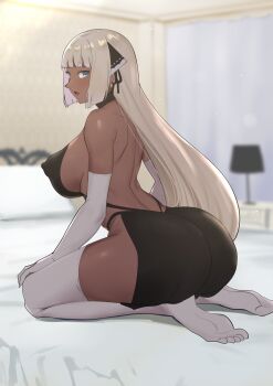 1girl alternate_skin_color ass backless bed blonde_hair blue_eyes blunt_bangs breasts covered_erect_nipples dark-skinned_female dark_skin elbow_gloves female_focus from_behind gloves highres huge_ass kneeling large_breasts long_hair looking_at_viewer looking_back momoko_(shoutao) original pillow puffy_nipples shoutao sideboob sitting solo thighhighs white_thighhighs