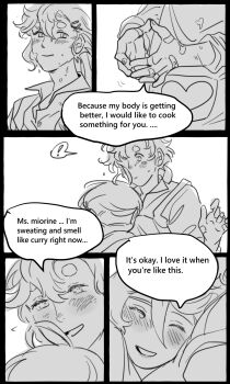 apron bandaid blush english_text gundam gundam_suisei_no_majo highres hug looking_at_another looking_at_viewer messy milfcookiesimp miorine_rembran monochrome sequential smile speech_bubble suletta_mercury wife_and_wife yuri