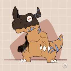 agumon animated artist_logo claws digimon digimon_(creature) dinosaur evolution green_eyes greymon henshin horns jaime_(jai_spt) logo lowres no_humans red_eyes reptile tagme tail transformation video