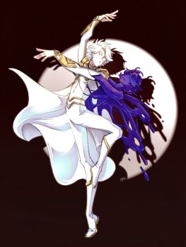 1boy armor baiquan2025 boots cape cracked_skin dancing dual_persona full_body gold_trim hair_between_eyes jacket male_focus nice_(to_be_hero_x) pants short_hair shoulder_armor solo spotlight to_be_hero to_be_hero_x white_boots white_cape white_hair white_jacket white_pants