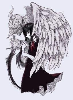 Rule 34 | 1girl, 1other, absurdres, black dress, black hair, chuhaibane, collared shirt, creature, dagger, dress, hand up, helm, helmet, highres, knife, looking at viewer, neck ribbon, original, purple eyes, red ribbon, ribbon, shirt, simple background, sketch, sleeves rolled up, weapon, white background, wings