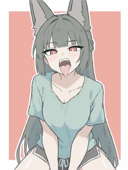 1girl animal_ears aqua_shirt black_hair black_shorts blunt_bangs blush border breasts breasts_squeezed_together bright_pupils collarbone commentary cowboy_shot english_commentary fangs fox_ears fox_girl green_shirt highres hoshimi_miyabi long_hair looking_at_viewer medium_breasts moona_izumi open_mouth outline pale_color red_background red_eyes saliva sharp_teeth shirt short_shorts short_sleeves shorts simple_background sitting solo t-shirt teeth tongue tongue_out v_arms very_long_hair white_border white_outline white_pupils zenless_zone_zero