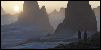 2others assassin's_creed:_origins assassin's_creed_(series) cloud cloudy_sky commentary dark_skin desert english_commentary from_behind highres holding holding_polearm holding_weapon landscape mountain mountainous_horizon multiple_others outdoors painterly polearm raphael-lacoste rock sand scenery signature sky spear sun sunlight very_dark_skin weapon yellow_sky