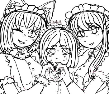Rule 34 | 3girls, animal ears, annette (isekai shikkaku), cat ears, female focus, frilled hairband, frills, hairband, heart, heart hands, heart hands duo, isekai shikkaku, maid, maid headdress, monochrome, multiple girls, nervous, sacchan (isekai shikkaku), signature, sweat, tama (isekai shikkaku)